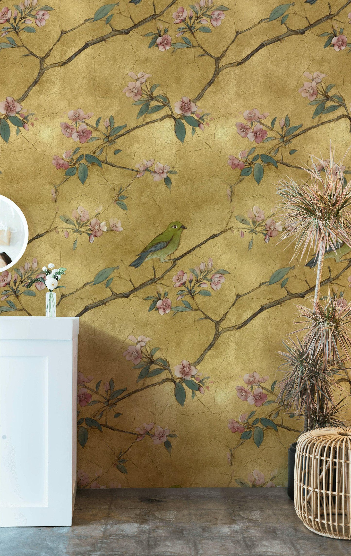 Chinoiserie Gold Leaf Wallpaper: Bird & Cherry Blossom Peel and Stick Mural