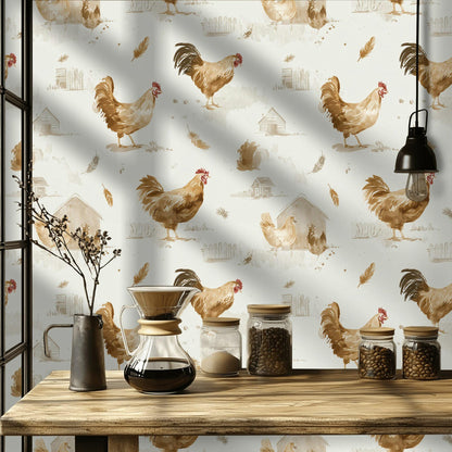 Farmhouse Rooster Chicken Wallpaper | Rustic Country Wall Mural | Watercolor Peel and Stick Decor