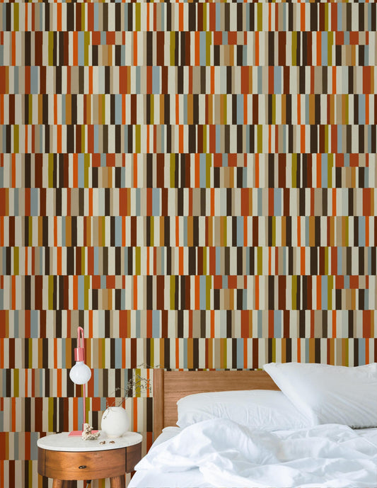 Mid-Century Modern Wallpaper, Retro Color Blocks Vertical Stripe Mural, Peel & Stick or Unpasted Panel