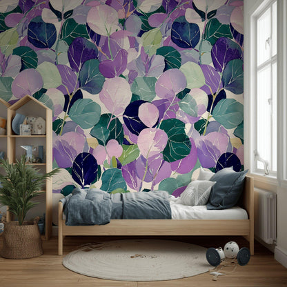 Watercolor Leaf Peel and Stick Wallpaper: Purple Green Botanical Wall Mural