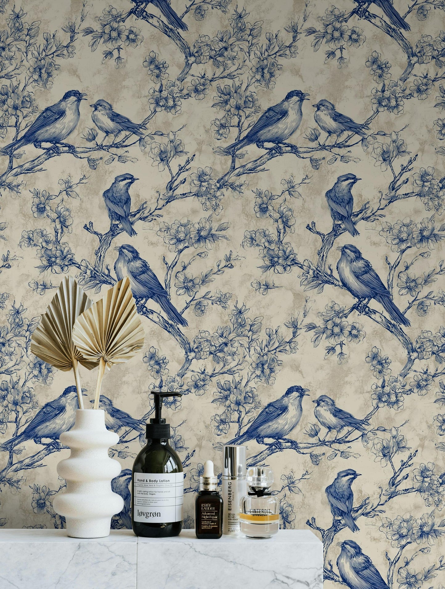 Chinoiserie Bird & Branch Wallpaper | Toile Style Wall Mural | Blue Botanical Peel and Stick Decor