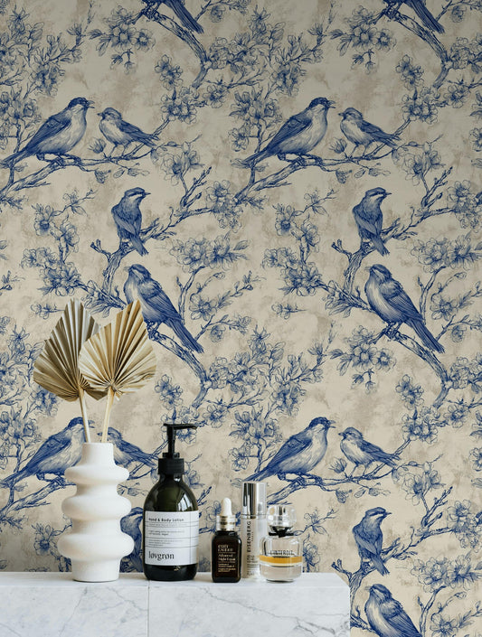 Chinoiserie Bird & Branch Wallpaper | Toile Style Wall Mural | Blue Botanical Peel and Stick Decor