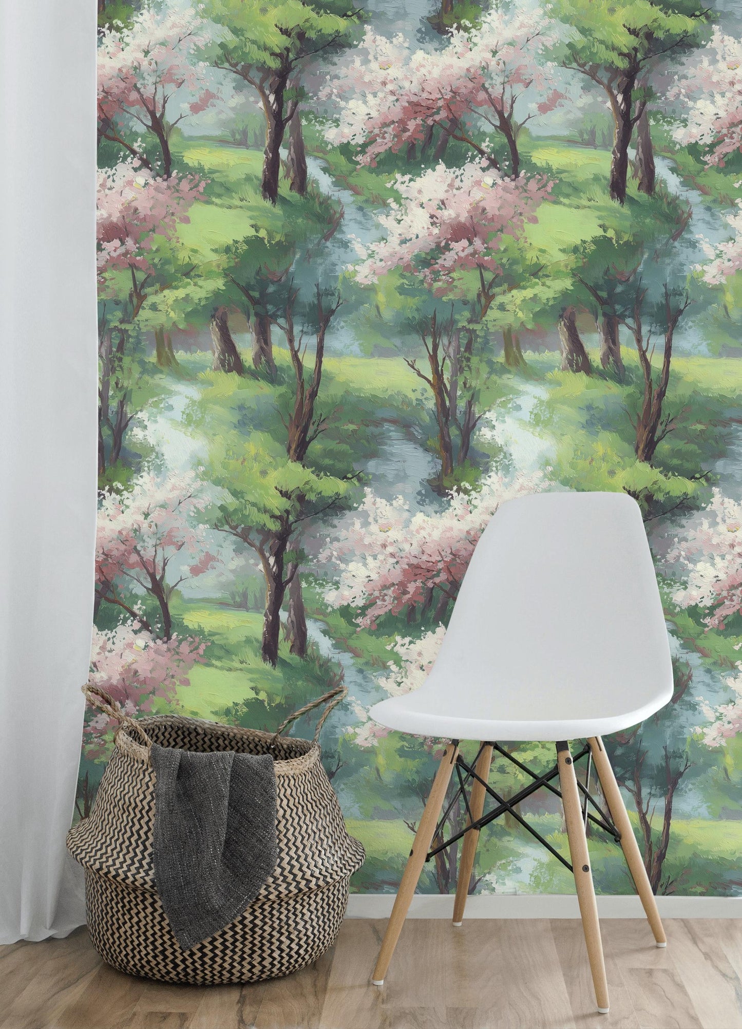 Watercolor Spring Forest Wallpaper: Peel and Stick Green Landscape Wall Mural