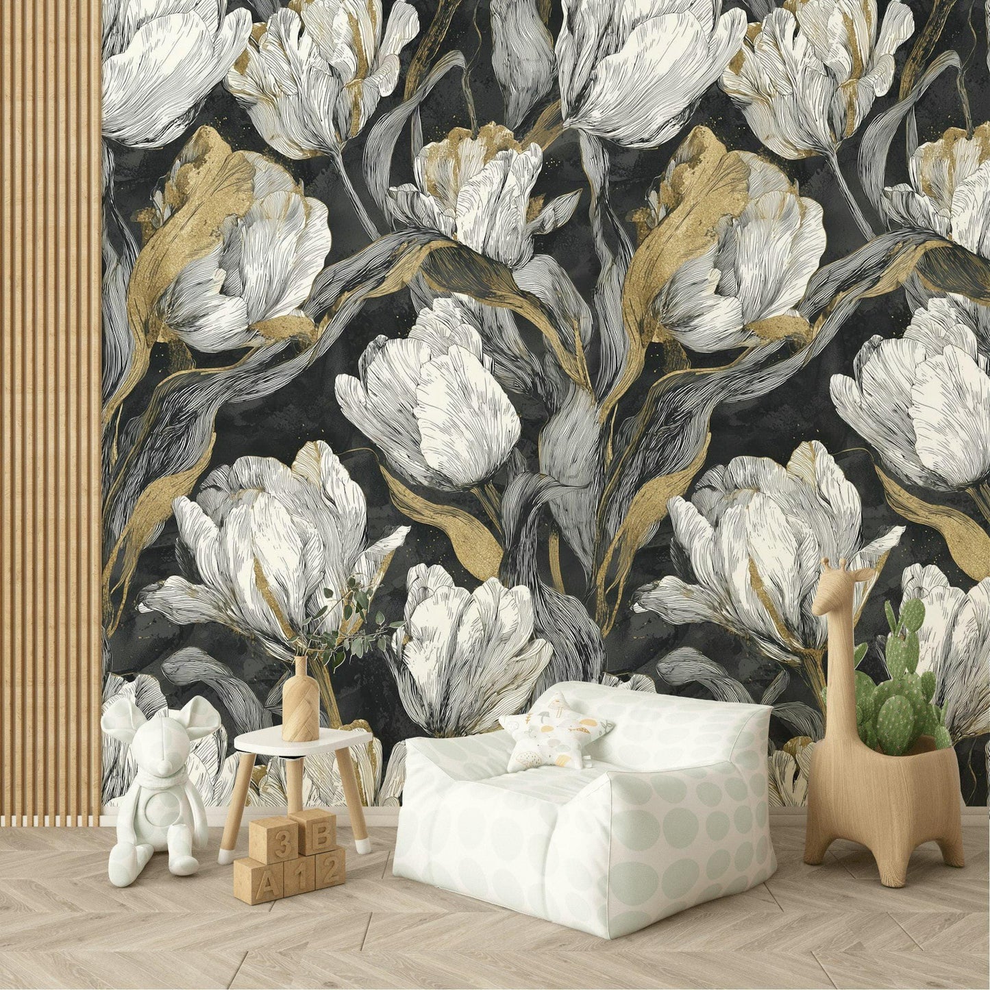 Luxury Gold Tulip Wallpaper | Dark Floral Wall Mural | Modern Botanical Peel and Stick Decor