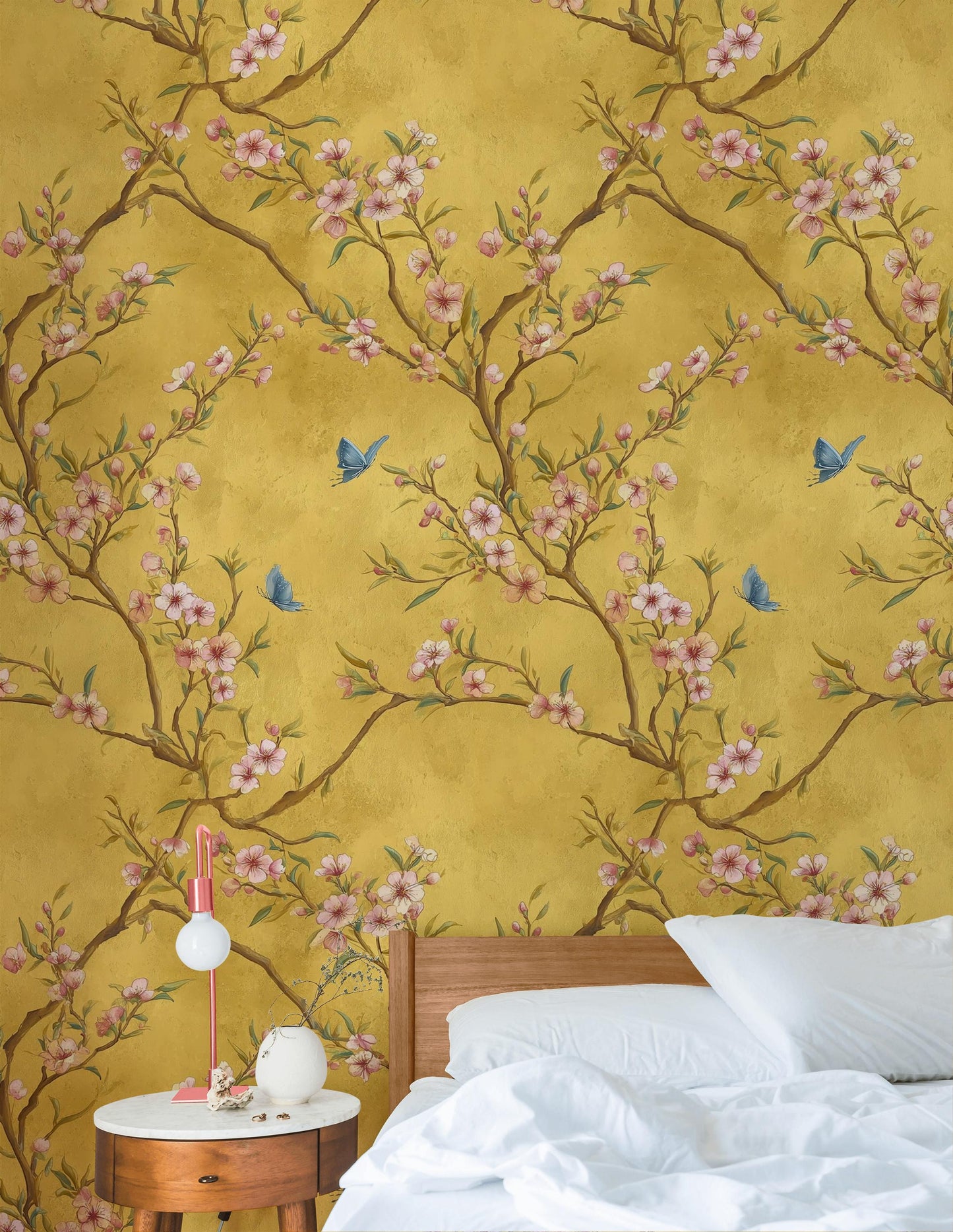 Chinoiserie Blossom Tree Wallpaper: Gold Butterfly Wall Mural, Peel & Stick