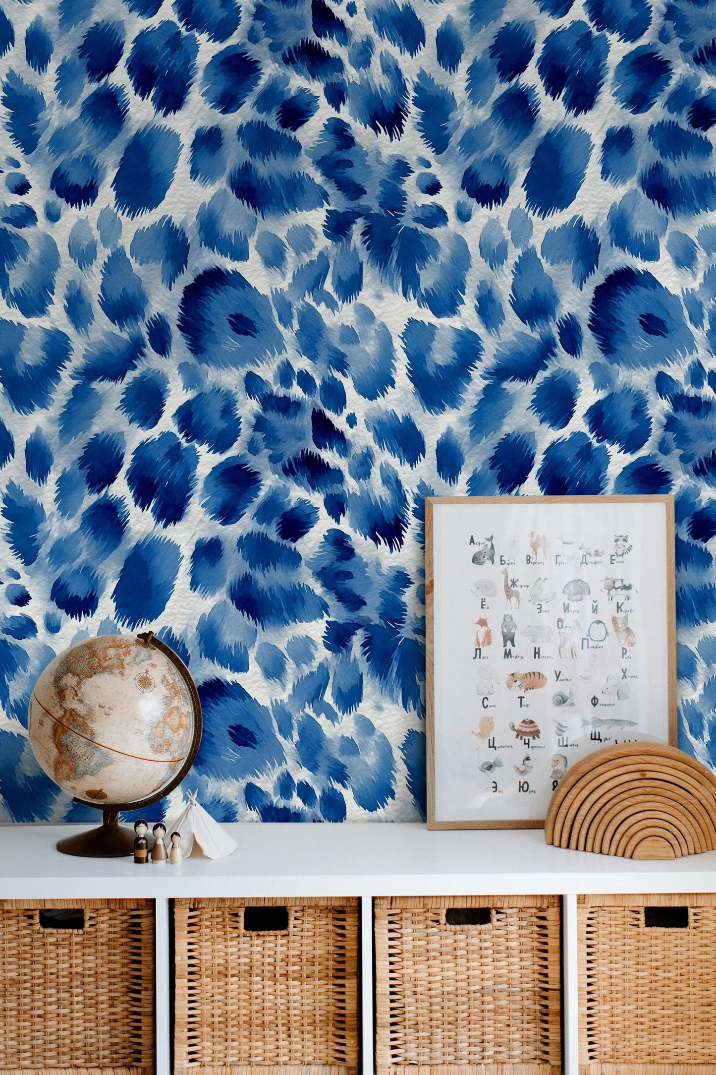 Bold Blue Animal Print Wallpaper, Watercolor Cheetah Wall Mural, Cobalt Peel and Stick Deco