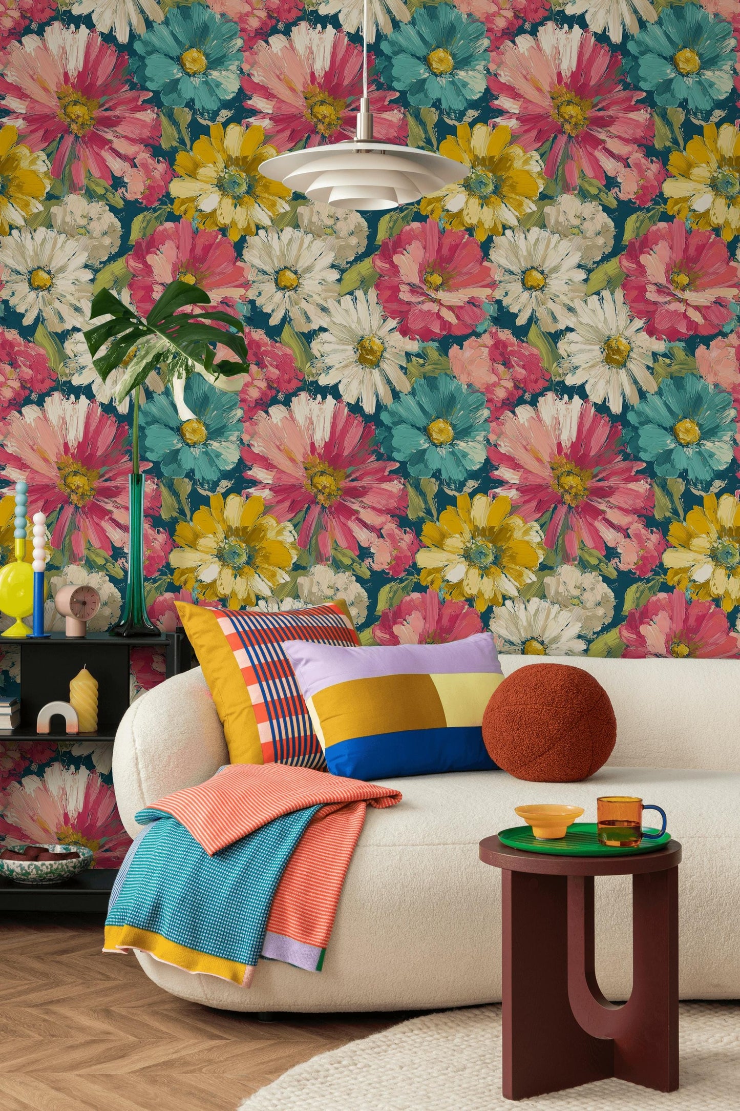 Teal & Pink Floral Wallpaper Mural: Impasto Texture, Peel and Stick