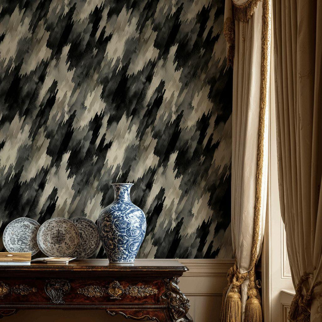 Abstract Diagonal Brushstroke Wallpaper, Black Gray Watercolor Peel & Stick or Unpasted Vertical Wall Mural