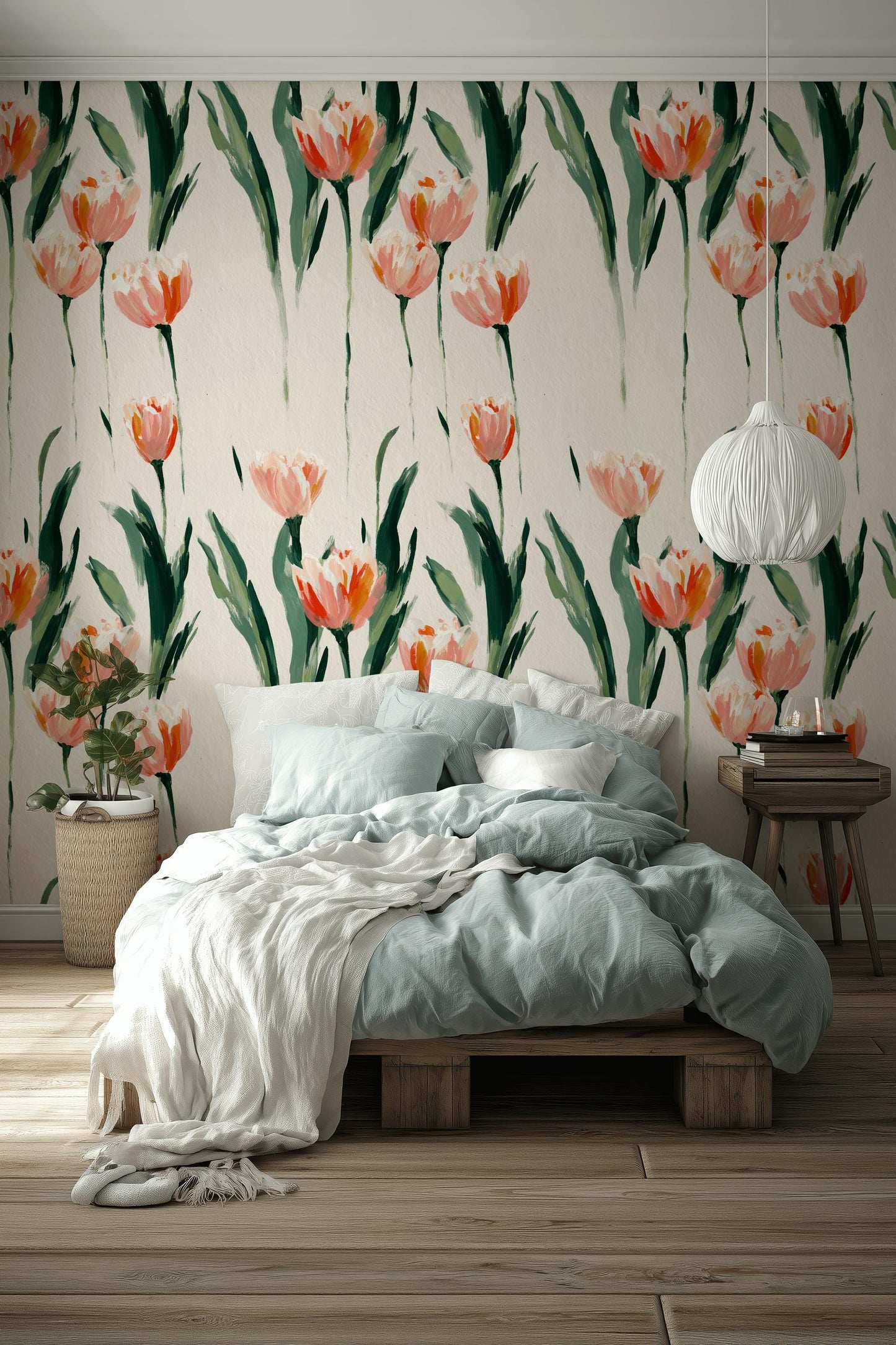 Minimalist Tulip Wallpaper, Modern Pink Floral Wall Mural, Botanical Peel and Stick Decor