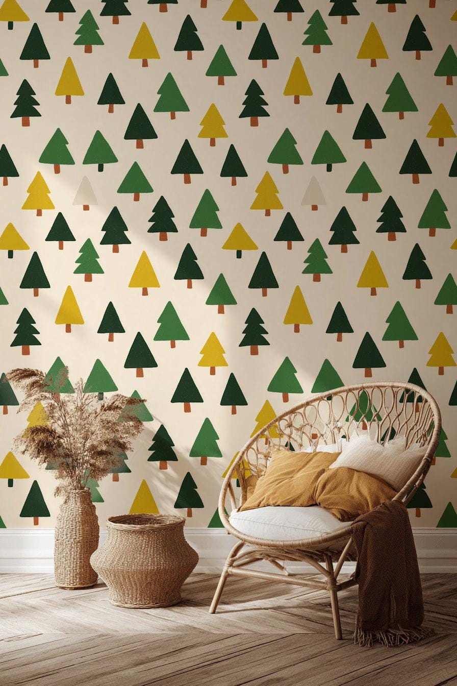 Scandi Pine Tree Wallpaper: Neutral Nursery Peel and Stick Mural