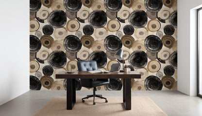 Abstract Swirl Wallpaper Mural: Black Espresso Circles, Hand-Painted Art (Peel & Stick or Unpasted)