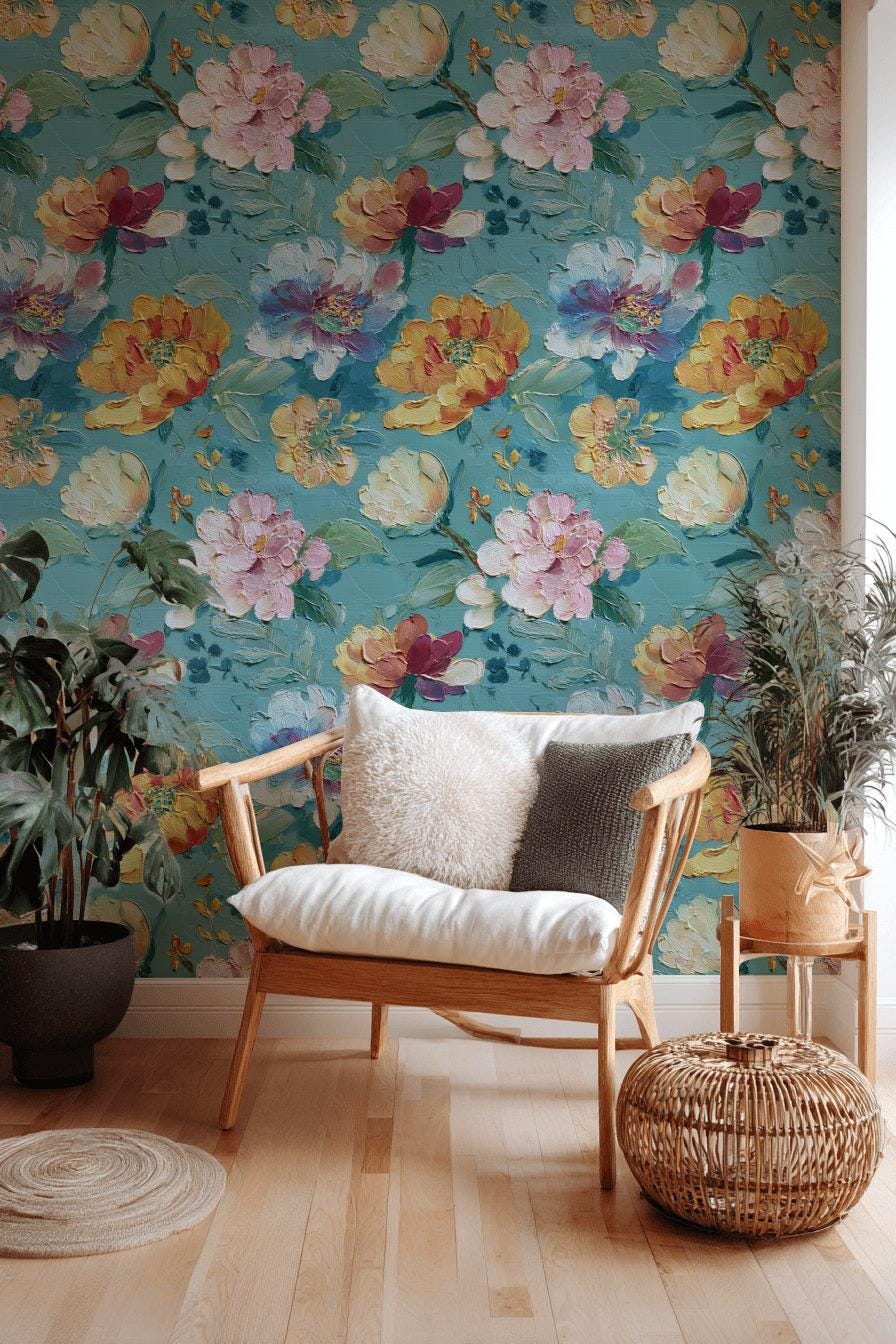 Textured Floral Wallpaper, Impasto Style Wall Mural, Turquoise and Pink Peel and Stick Art