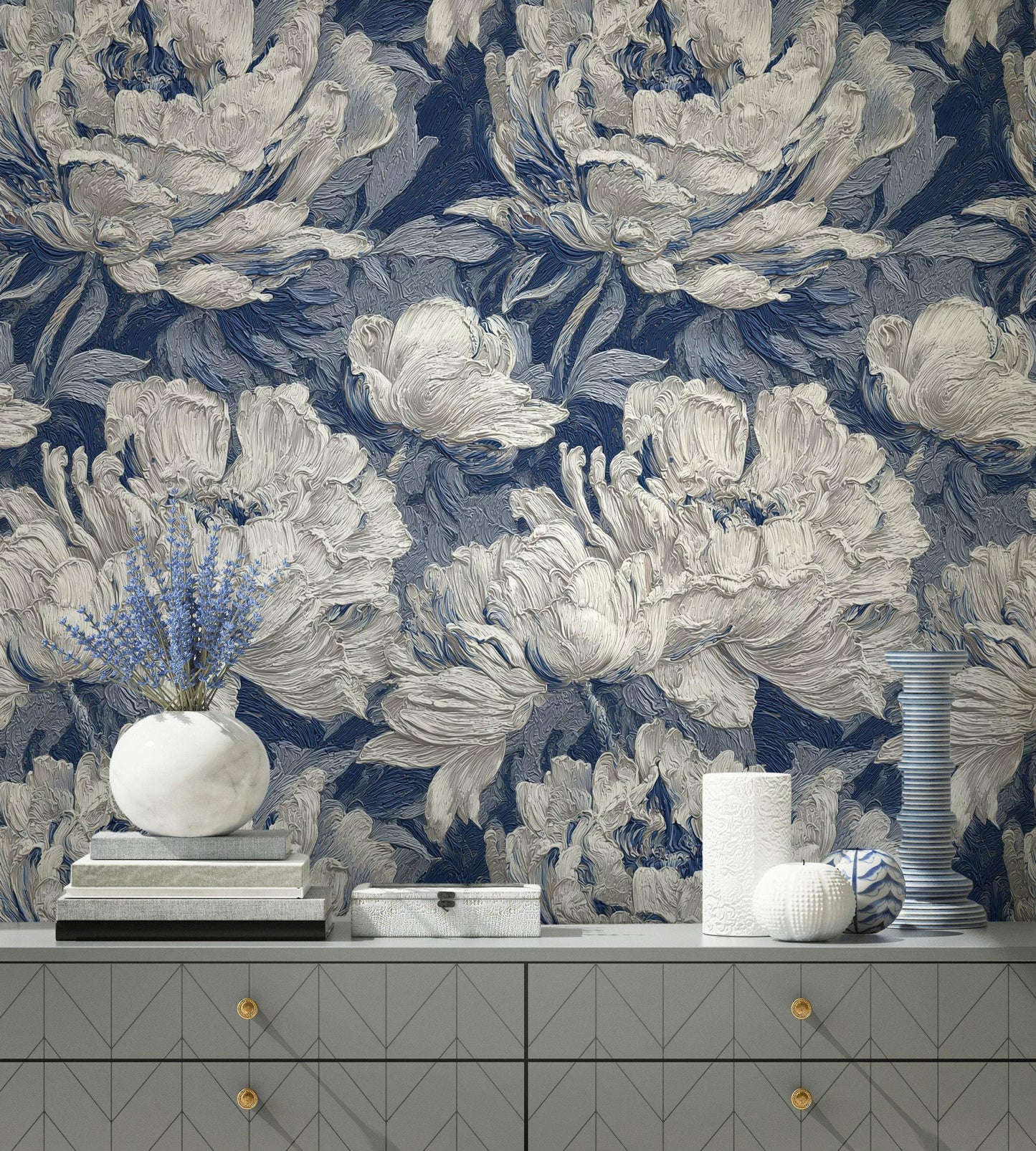 Textured Blue Floral Wallpaper: Modern Impasto Peel and Stick Wall Mural