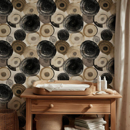 Abstract Swirl Wallpaper Mural: Black Espresso Circles, Hand-Painted Art (Peel & Stick or Unpasted)