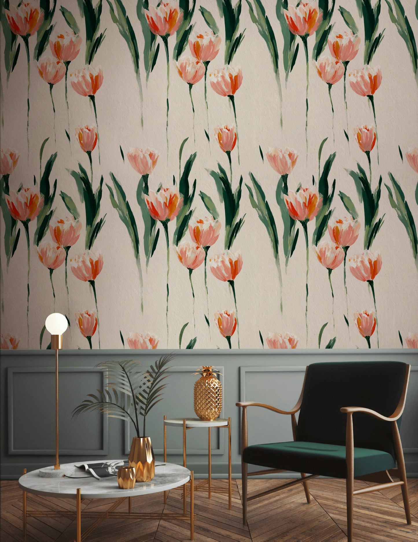 Minimalist Tulip Wallpaper, Modern Pink Floral Wall Mural, Botanical Peel and Stick Decor