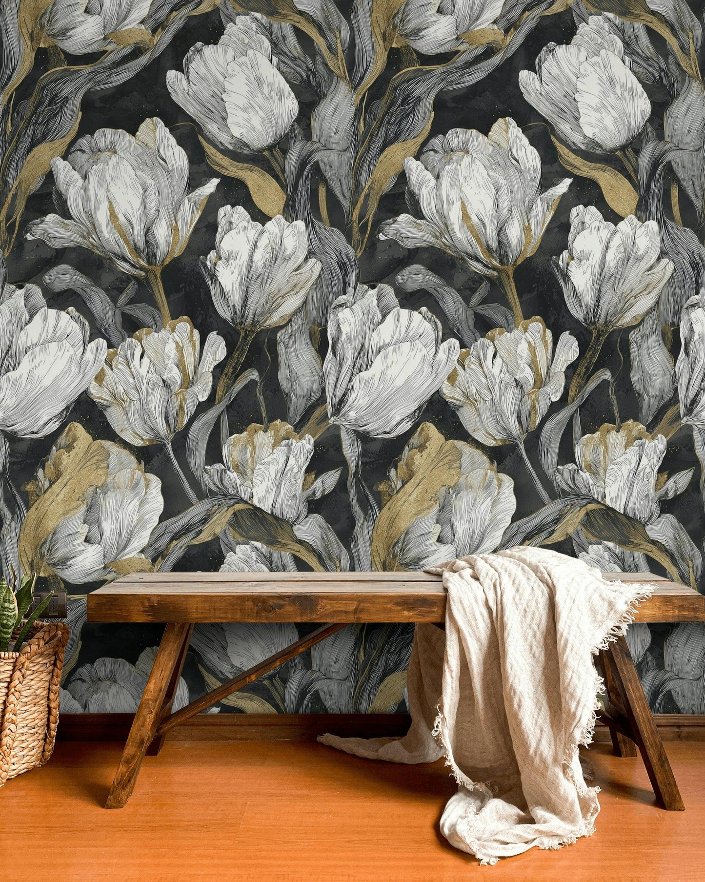 Luxury Gold Tulip Wallpaper | Dark Floral Wall Mural | Modern Botanical Peel and Stick Decor