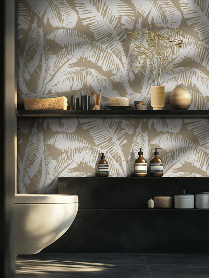 Minimalist Palm Leaf Wallpaper | Neutral Tropical Wall Mural | Beige Botanical Peel and Stick Decor