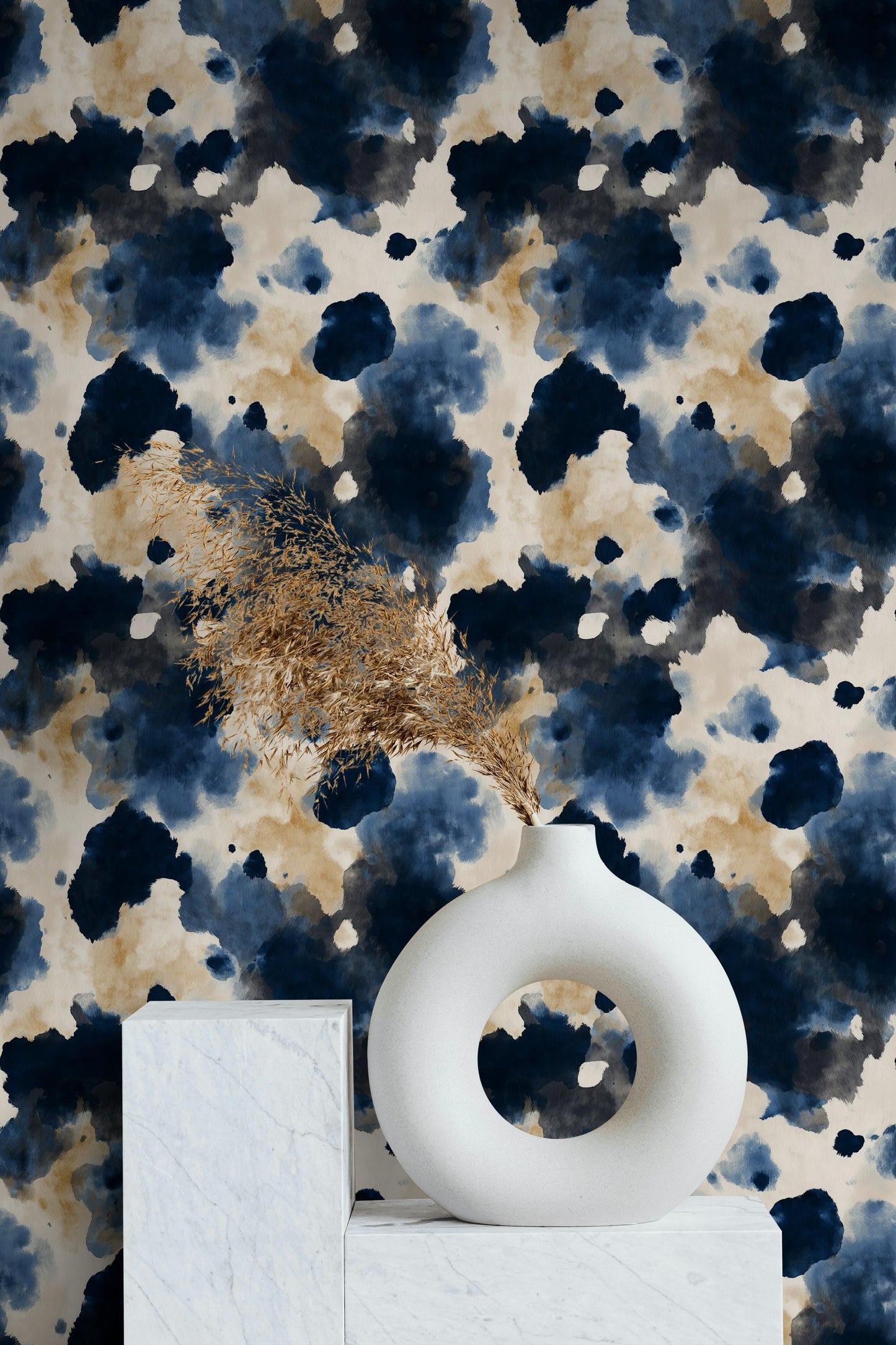 Abstract Cow Print Wallpaper Mural: Navy, Beige, Cream Peel and Stick