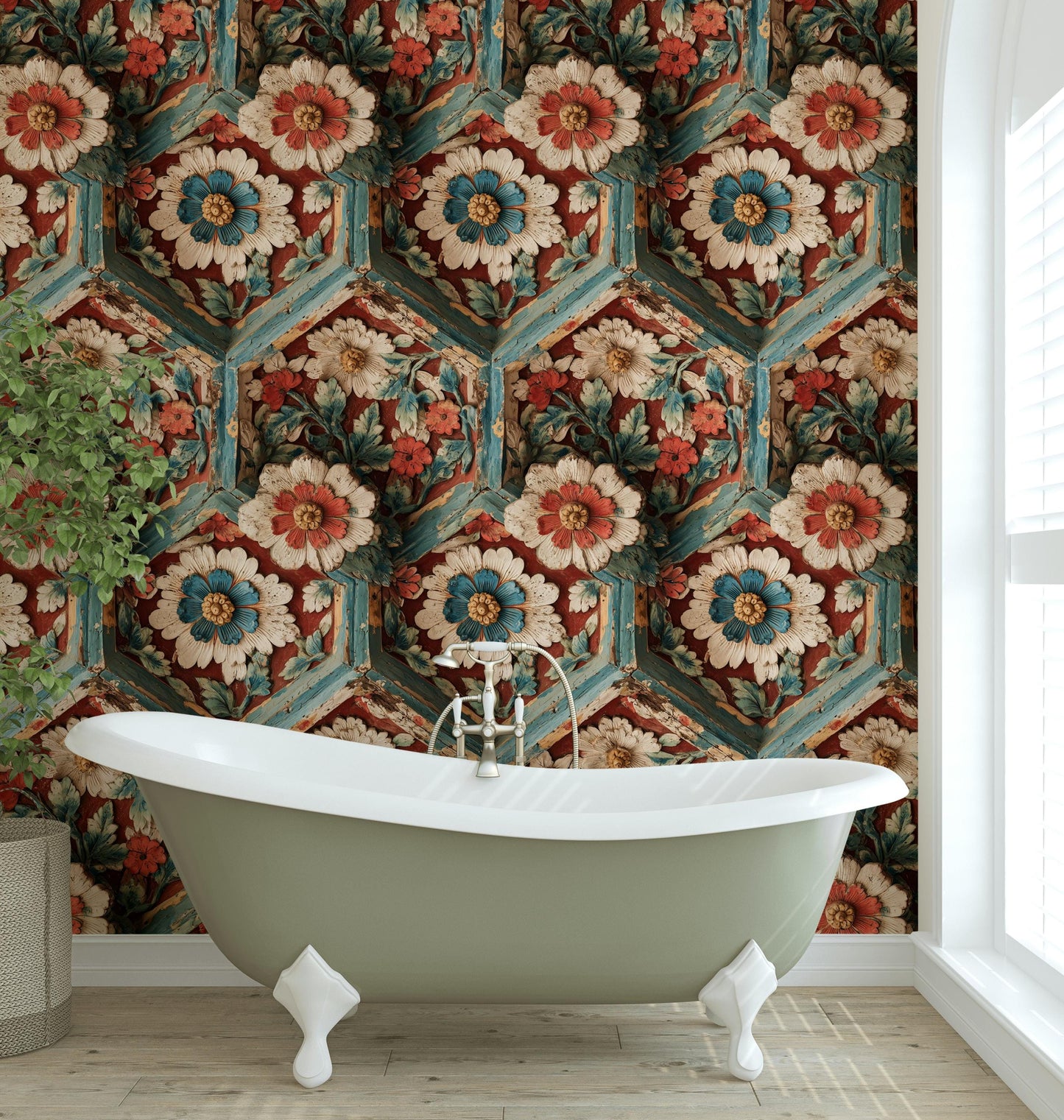 Faux Carved Wood Wallpaper: 3D Floral Peel and Stick Wall Mural