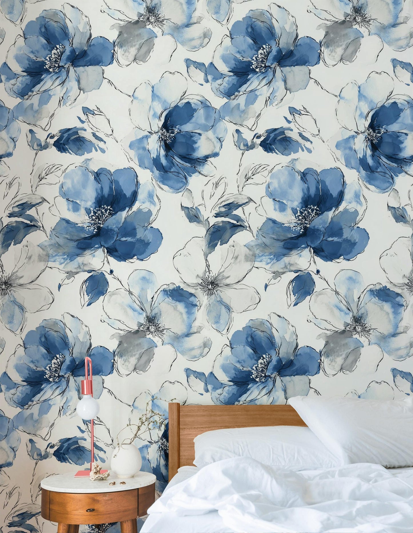 Blue Watercolor Peony Wallpaper: Abstract Floral Peel and Stick Wall Mural