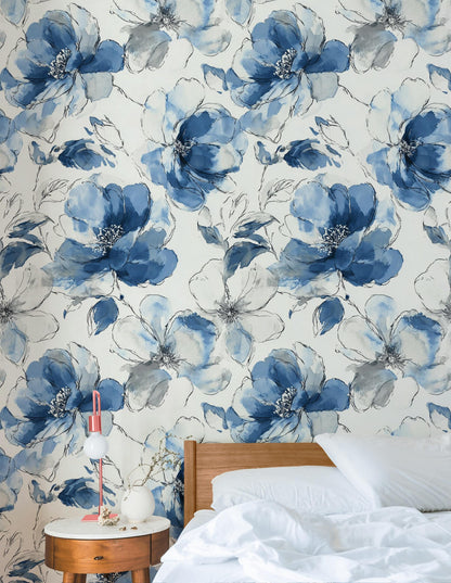 Blue Watercolor Peony Wallpaper: Abstract Floral Peel and Stick Wall Mural