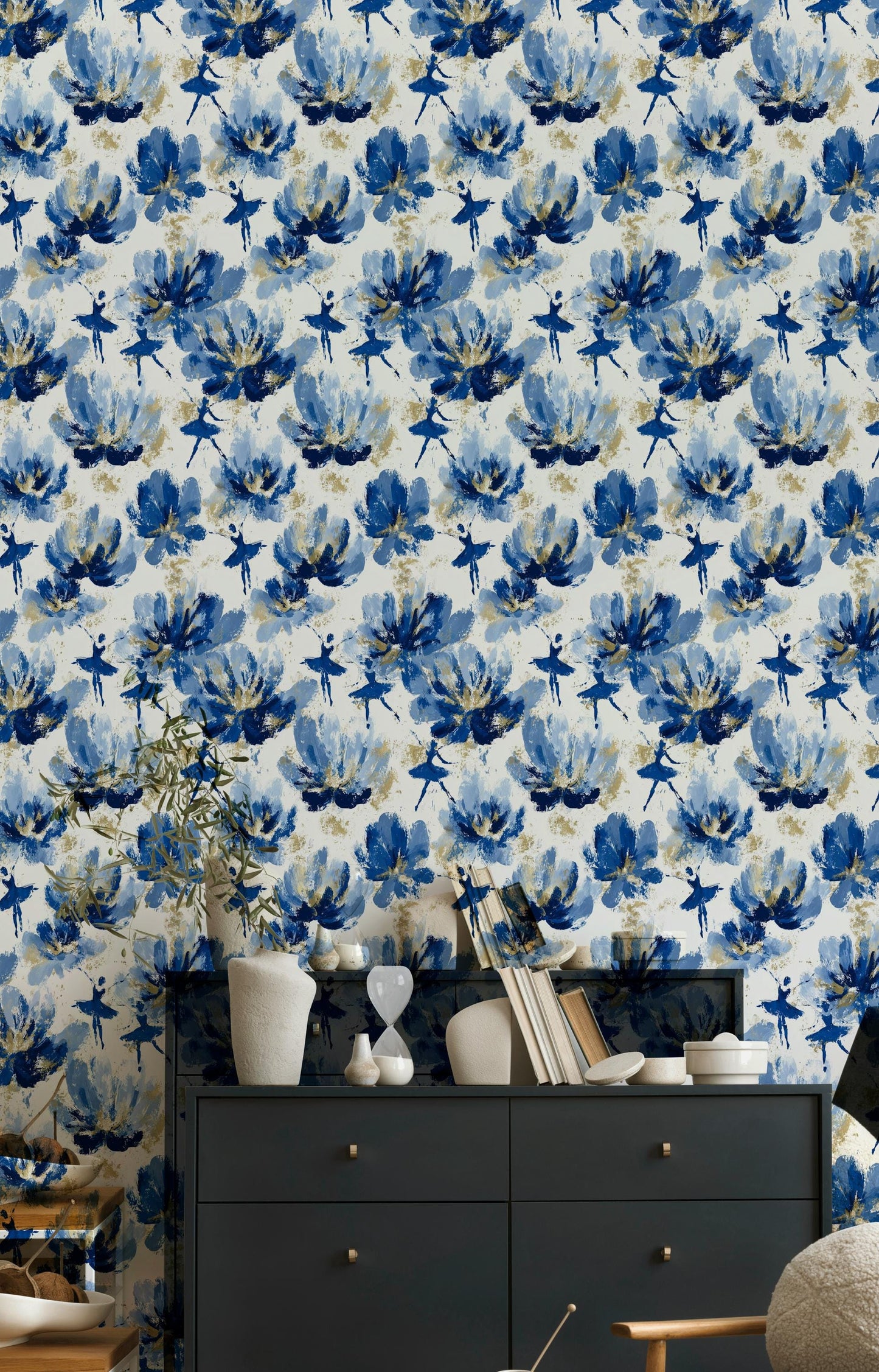 Blue Ballerina Wallpaper, Gold Accented Abstract Floral Mural, Peel & Stick or Unpasted Vertical Panel