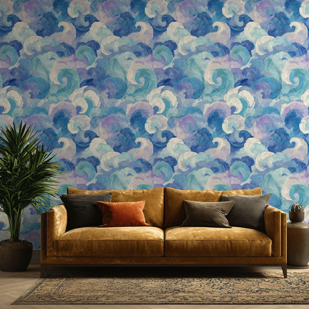 Blue Purple Wave Wallpaper Mural: Abstract Ocean Swirl (Peel & Stick or Unpasted)