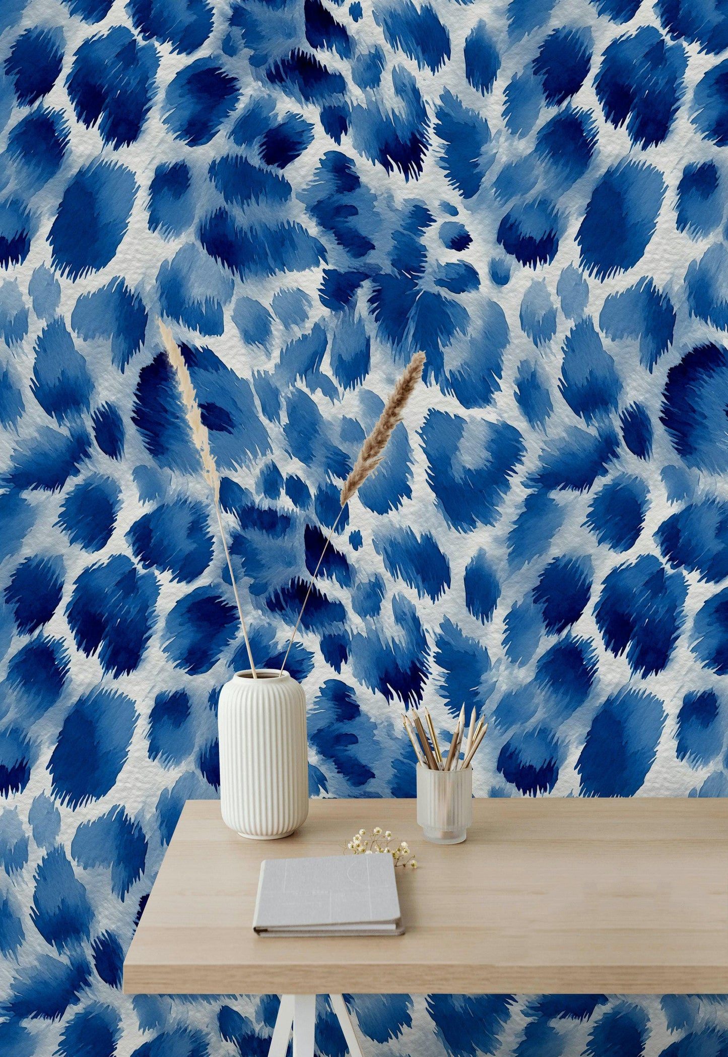 Bold Blue Animal Print Wallpaper, Watercolor Cheetah Wall Mural, Cobalt Peel and Stick Deco
