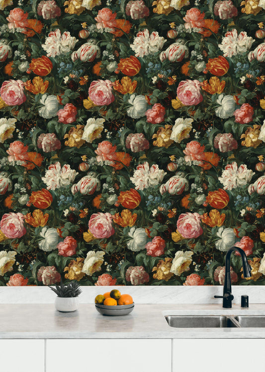 Dutch Masters Floral Wallpaper | Vintage Botanical Wall Mural | Dark Academia Peel and Stick Decor