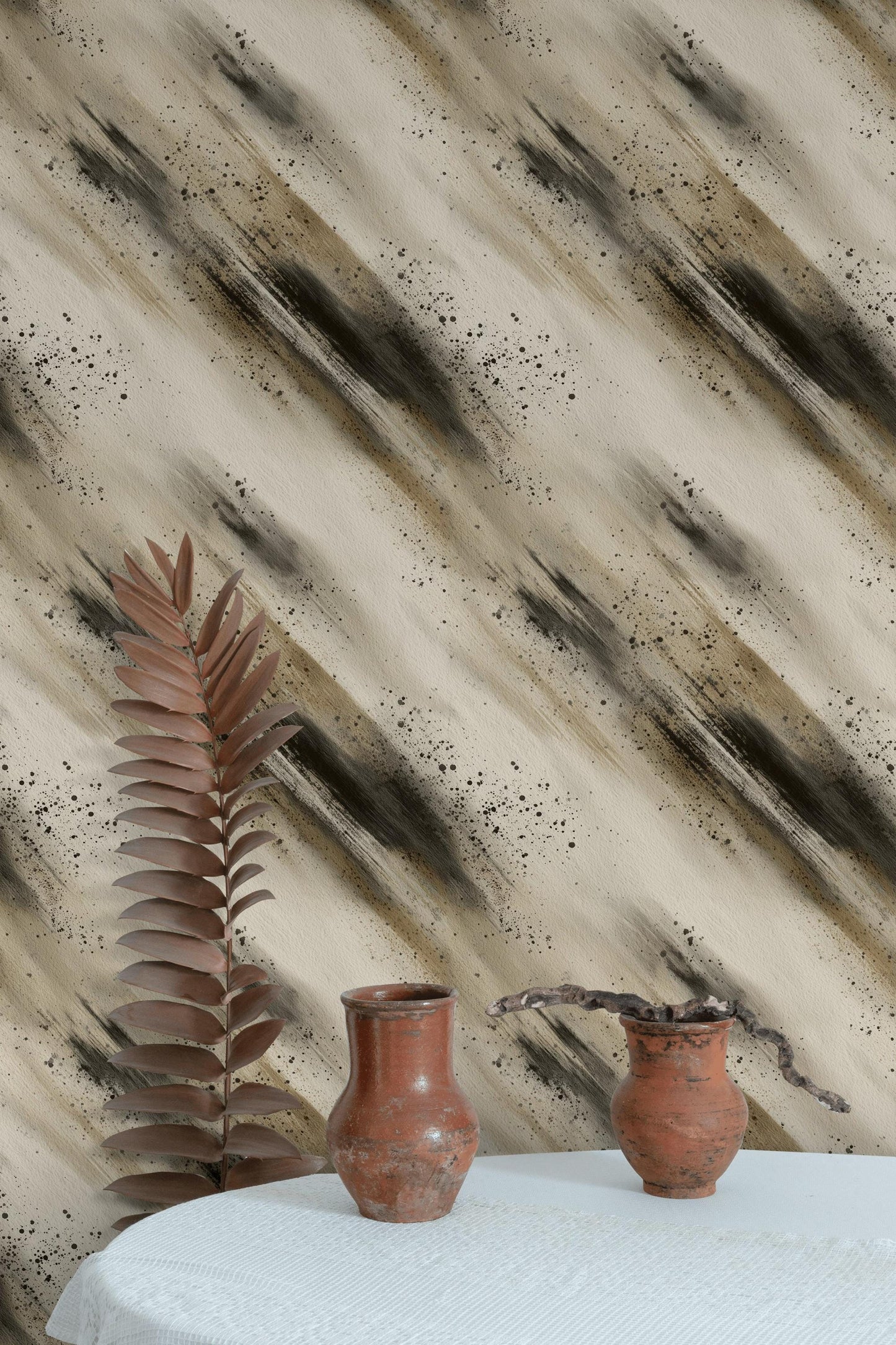 Abstract Brush Stroke Peel and Stick Wallpaper: Neutral Ink Wash Mural