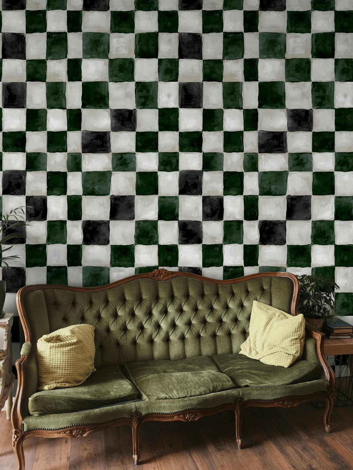 Hand-Painted Checkerboard Wallpaper | Rustic Farmhouse Wall Mural | Green Plaid Peel and Stick Decor