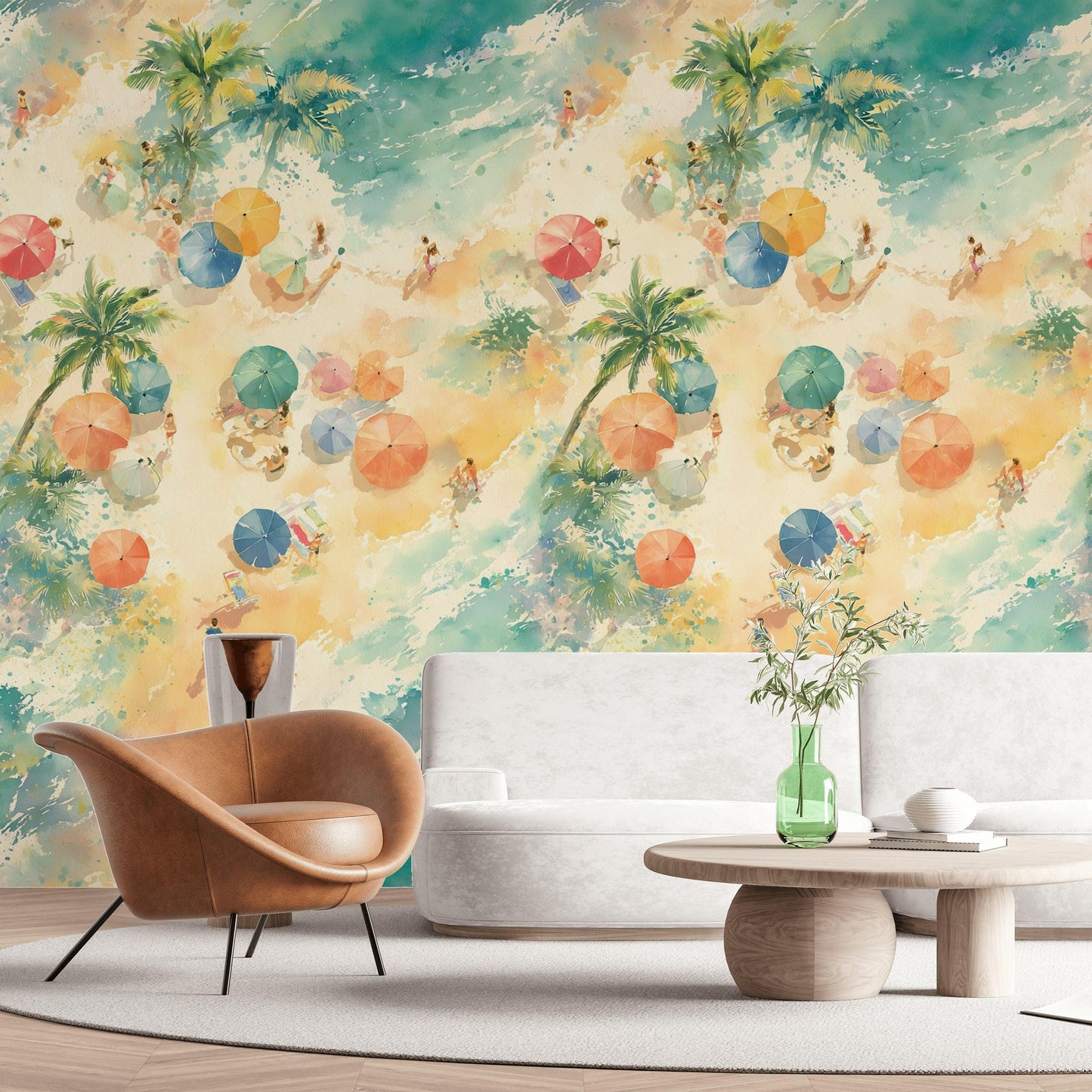 Aerial Beach Scene Wallpaper | Watercolor Coastal Wall Mural | Summer Peel and Stick Decor