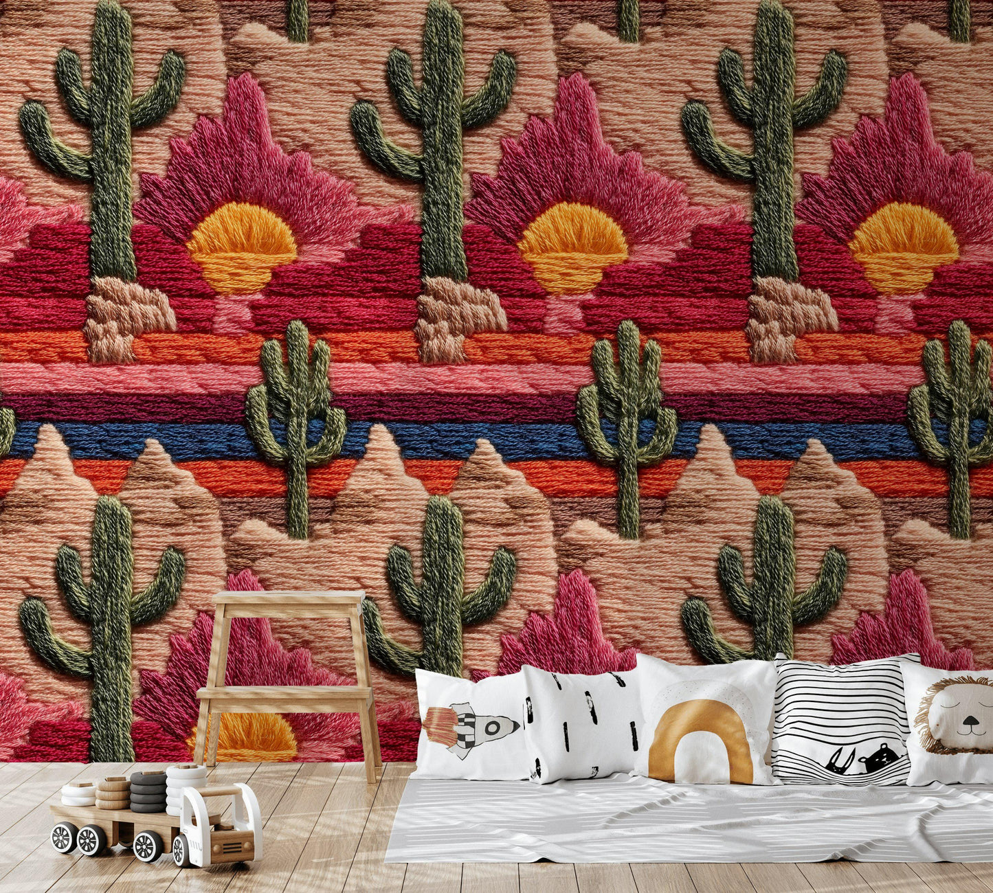 Embroidered Desert Landscape Wallpaper | Southwestern Wall Mural | Boho Peel and Stick Decor