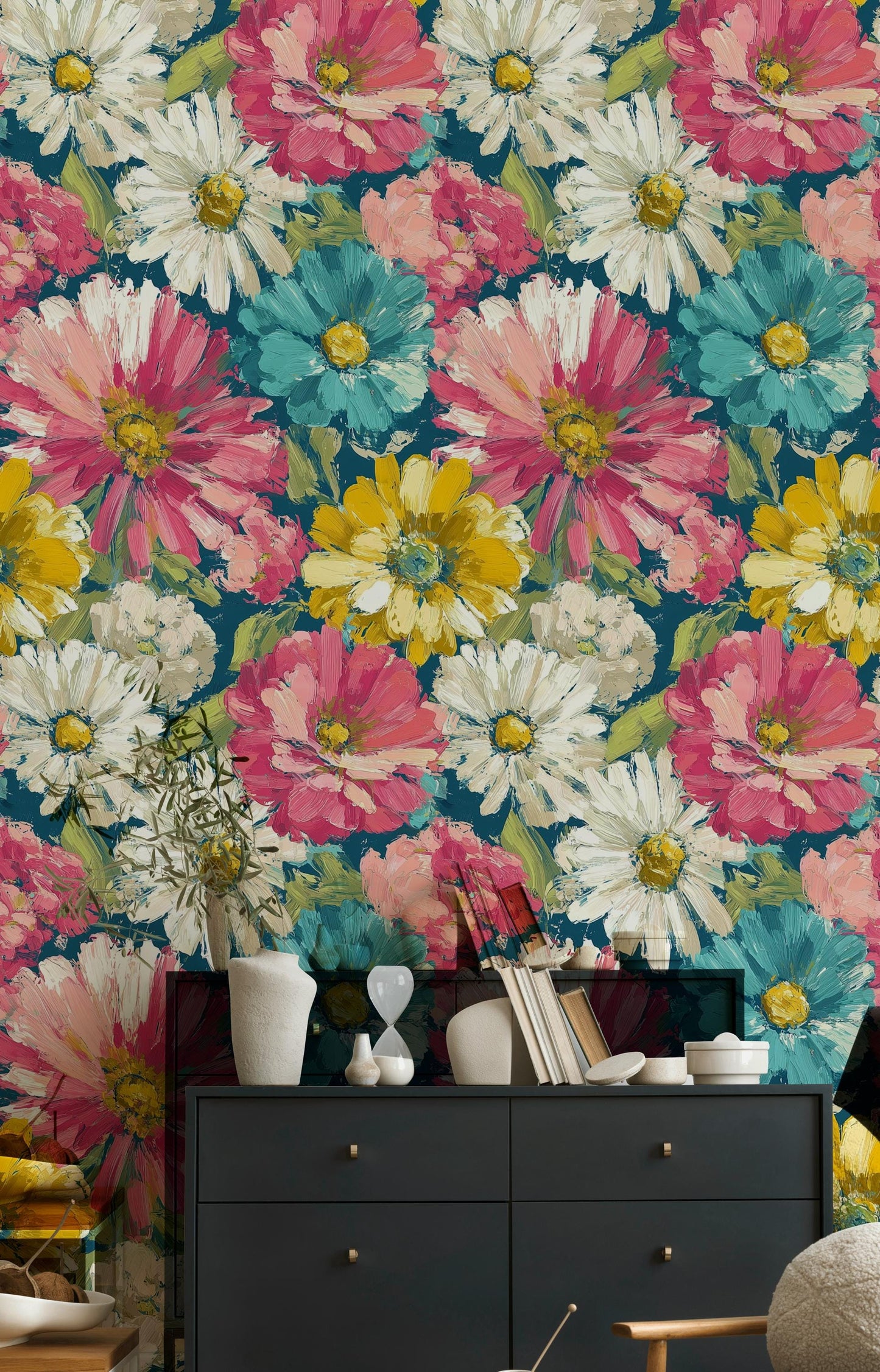 Teal & Pink Floral Wallpaper Mural: Impasto Texture, Peel and Stick