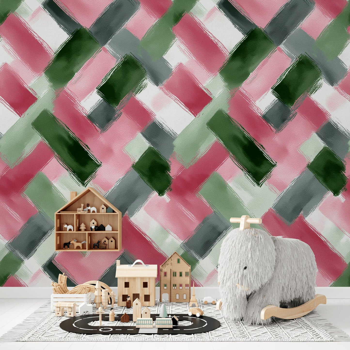 Abstract Brushstroke Wallpaper | Modern Pink Green Wall Mural | Geometric Pattern Peel and Stick Decor