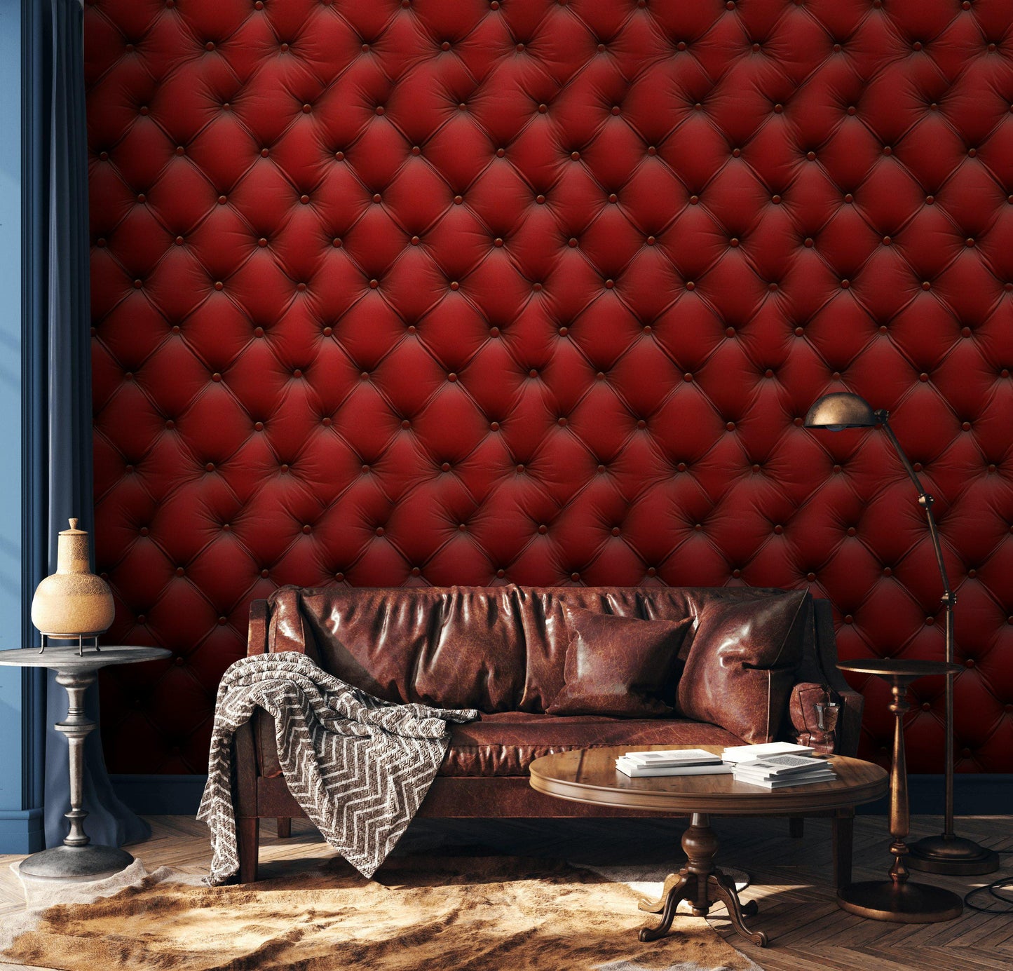 Red Tufted Texture Wallpaper, Chesterfield 3D Effect Vertical Panel, Peel & Stick or Unpasted Mural