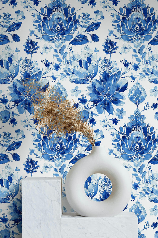 Watercolor Blue Floral Wallpaper | Chinoiserie Botanical Wall Mural | Traditional Peel and Stick Decor