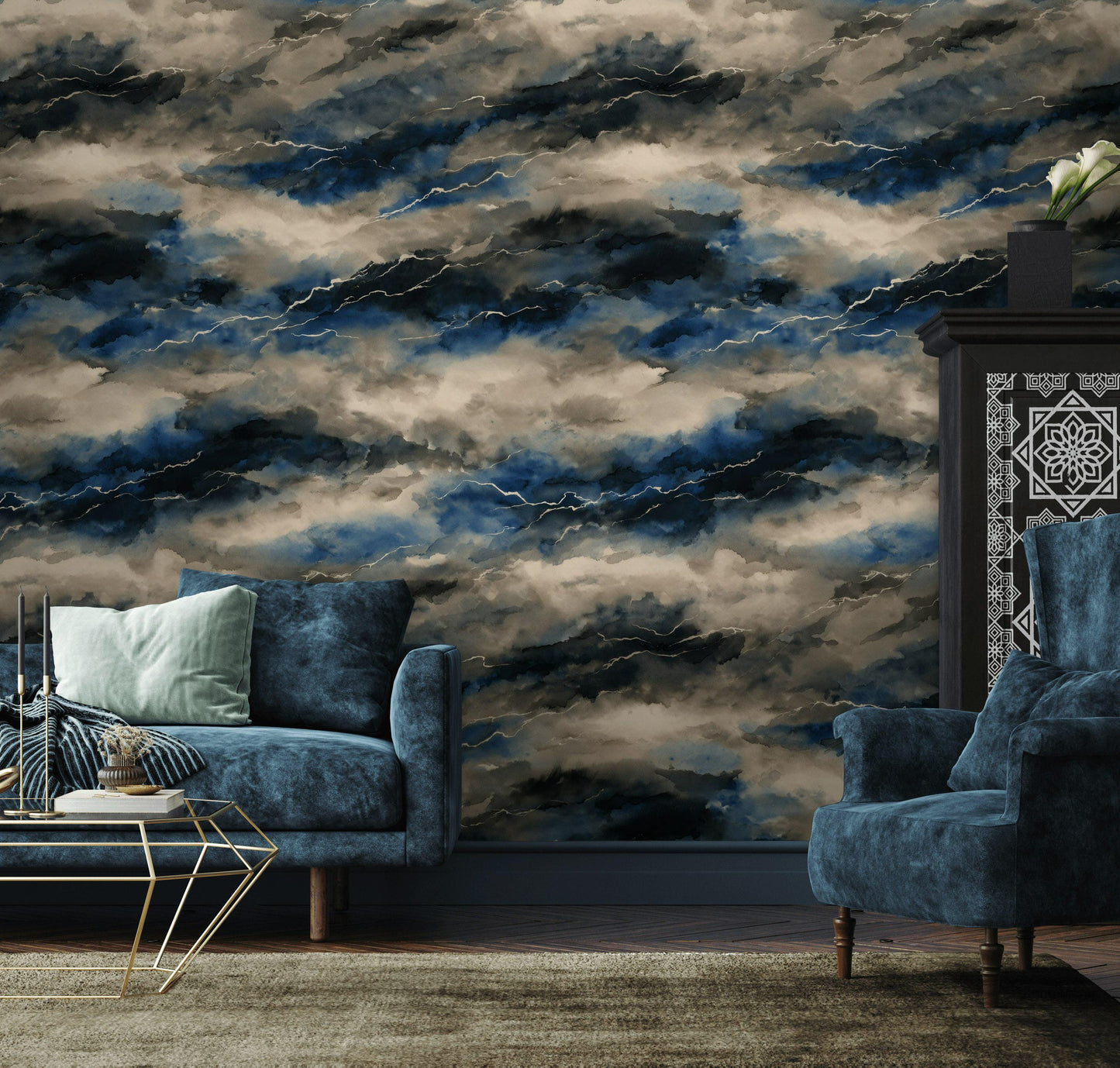 Abstract Stormy Sky Wallpaper: Modern Blue Gray Peel and Stick Wall Mural