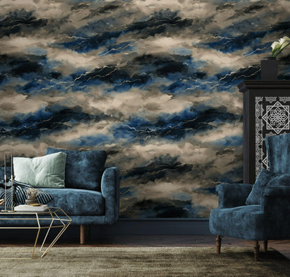 Abstract Stormy Sky Wallpaper: Modern Blue Gray Peel and Stick Wall Mural