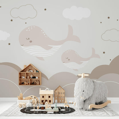 Boho Whale Nursery Wallpaper, Neutral Ocean Wall Mural, Minimalist Peel and Stick Baby Decor
