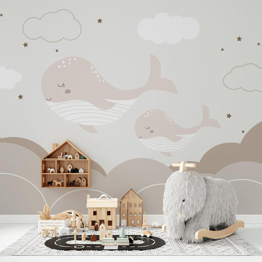 Boho Whale Nursery Wallpaper, Neutral Ocean Wall Mural, Minimalist Peel and Stick Baby Decor