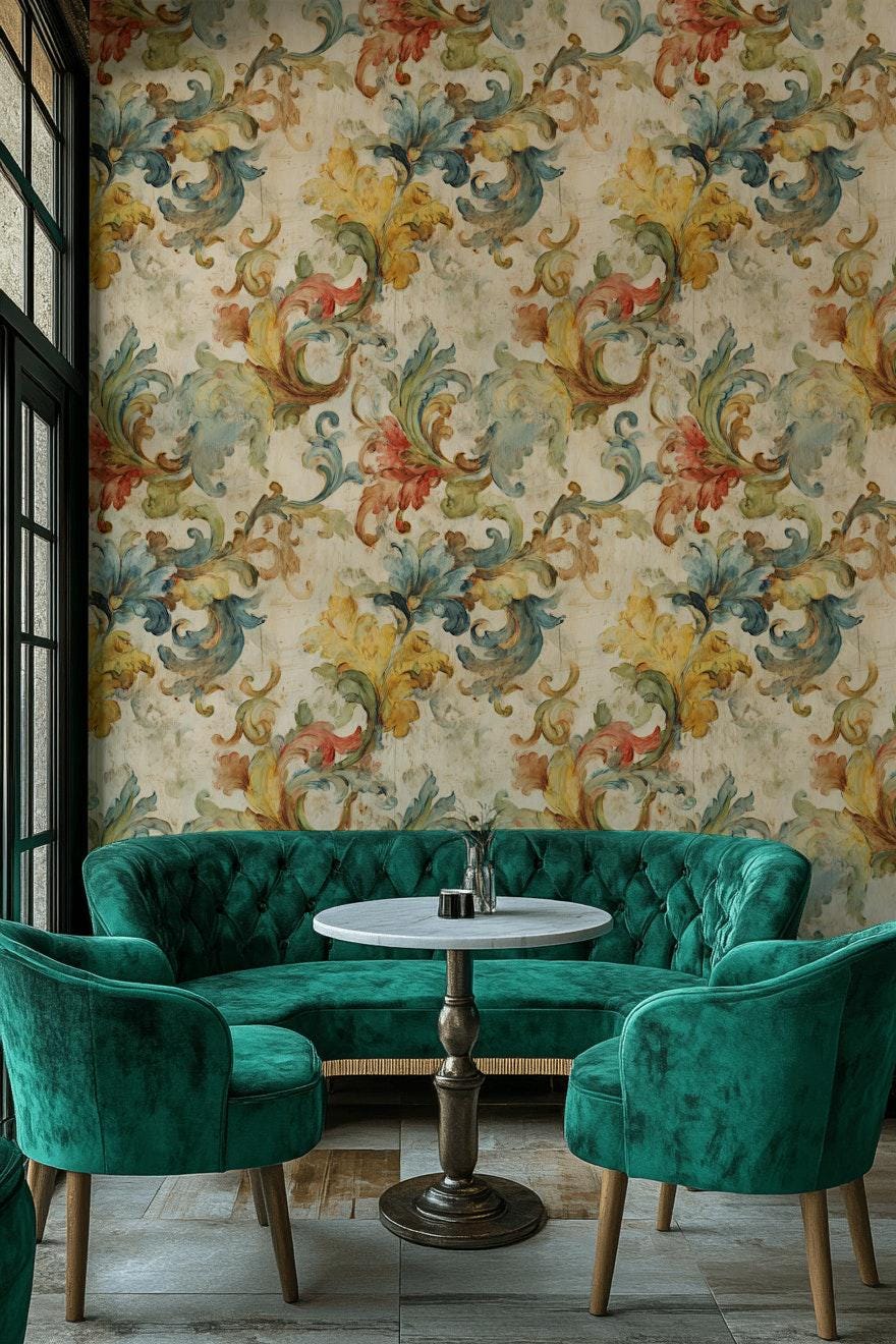 Baroque Scroll Wallpaper, Distressed Pastel Floral Mural, Peel & Stick or Unpasted Vintage Panel