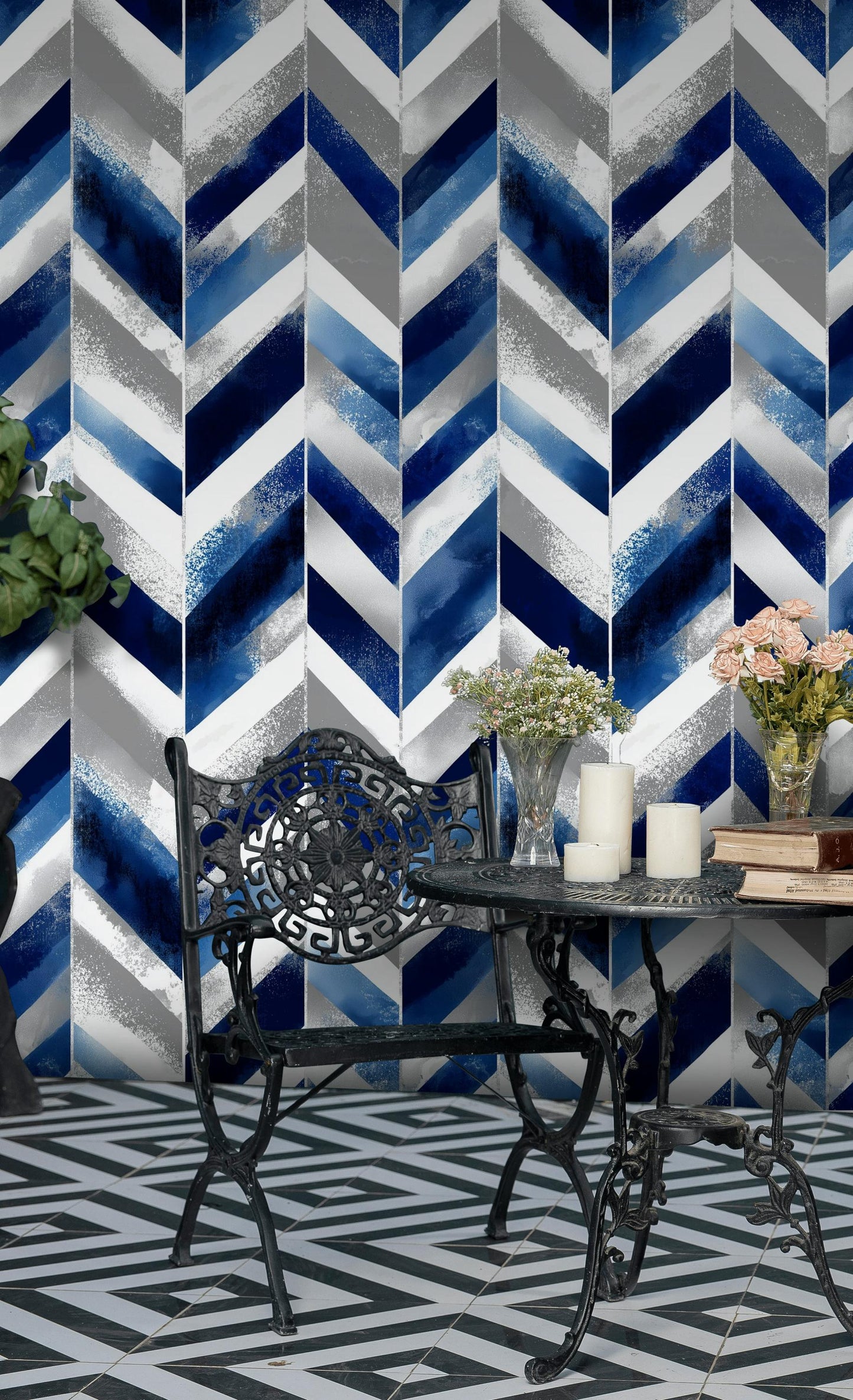 Abstract Blue Gray Chevron Wallpaper | Modern Geometric Wall Mural | Indigo Peel and Stick Decor