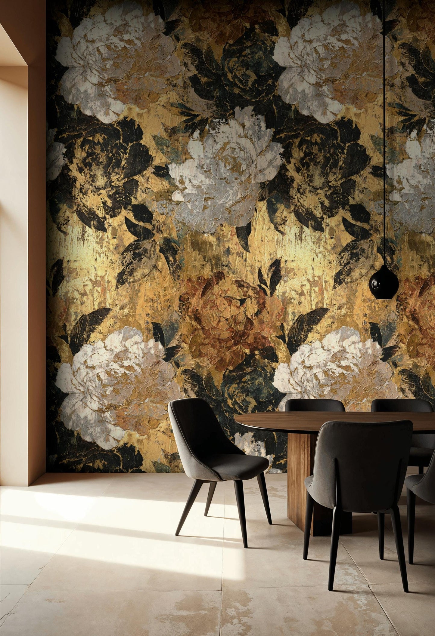 Golden Tones Floral Wallpaper | Textured Impasto Wall Mural | Luxury Botanical Peel and Stick Decor