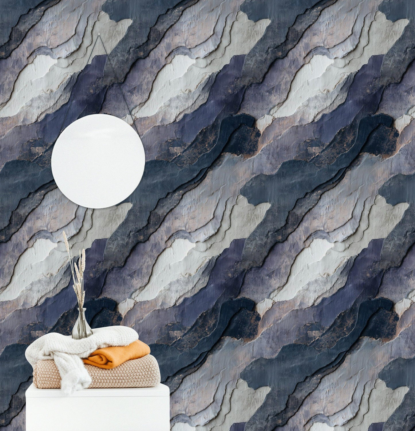 Navy Blue Stone Texture Wallpaper: Layered Abstract Peel and Stick Wall Mural