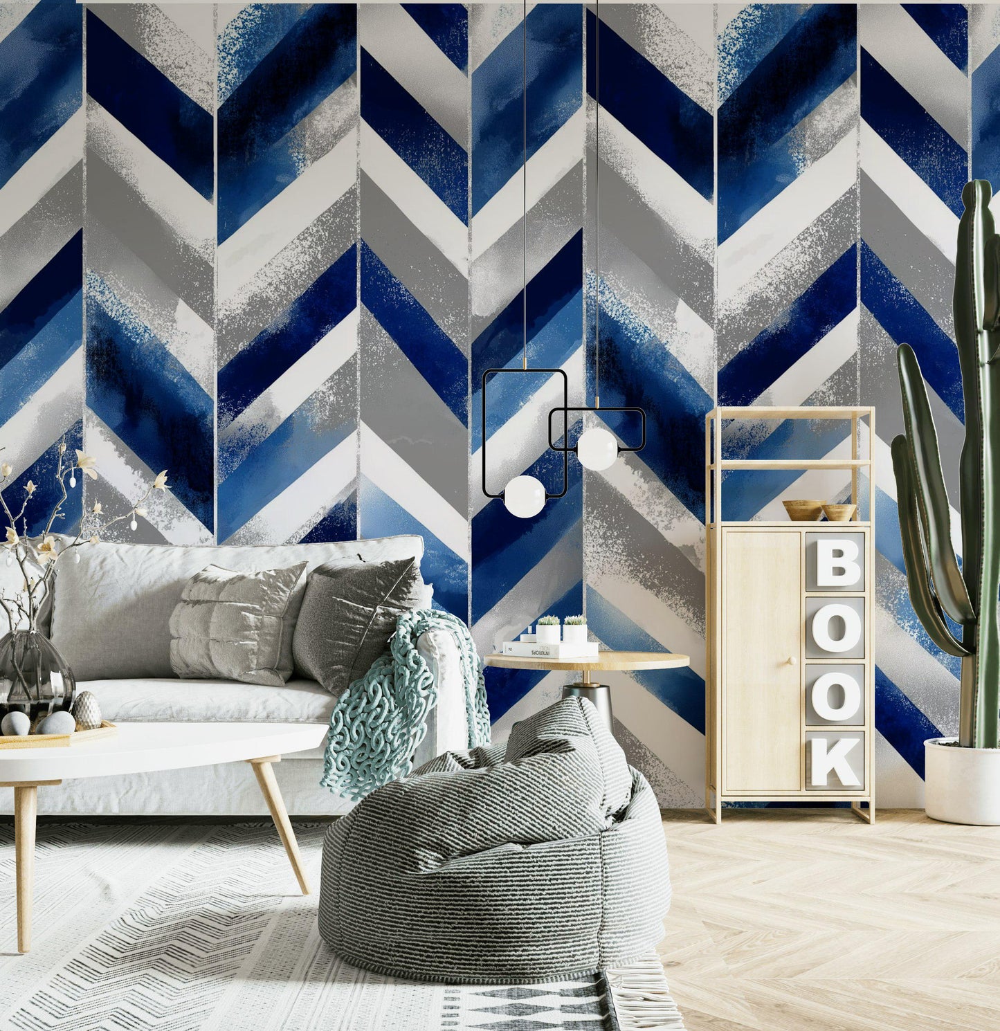 Abstract Blue Gray Chevron Wallpaper | Modern Geometric Wall Mural | Indigo Peel and Stick Decor