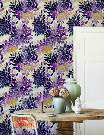 Purple Floral Watercolor Wallpaper: Abstract Peel and Stick Wall Mural