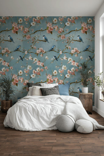 Cherry Blossom Wallpaper Mural: Peel and Stick Bird Wall Decor