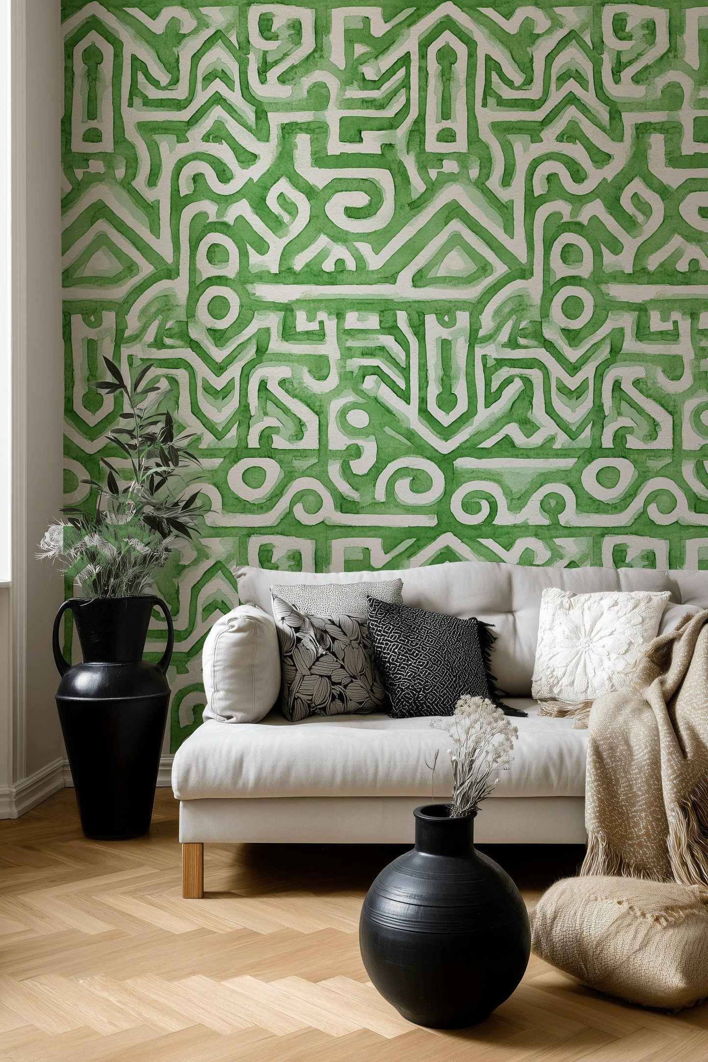 Watercolor Abstract Wallpaper, Green Labyrinth Geometric Wall Mural, Modern Peel and Stick Wall Decor