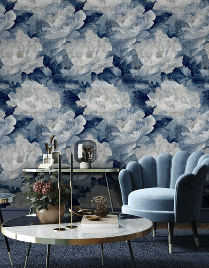 Textured Blue Floral Wallpaper, Modern Botanical Wall Mural, Peony Peel and Stick Decor